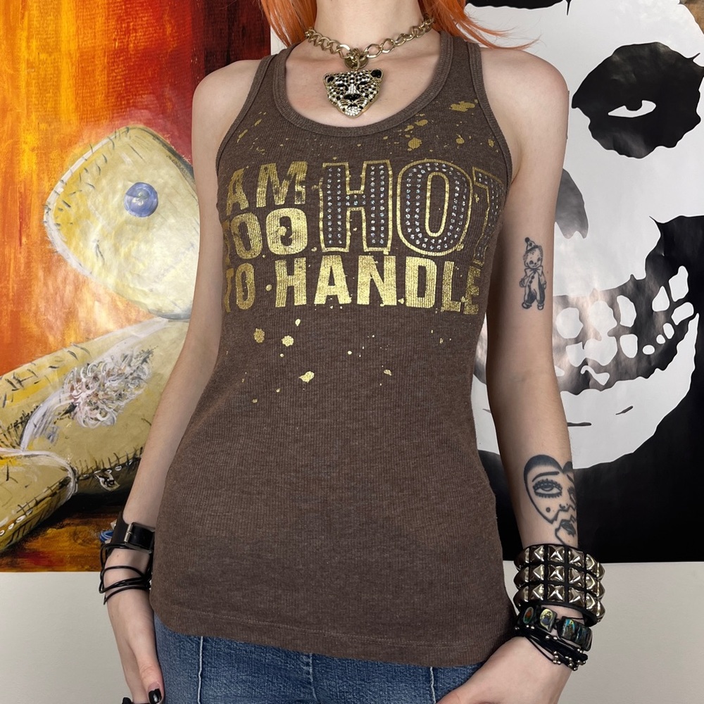 McBling Y2K “I Am Too Hot To Handle” Brown and Gold Racerback Tank Top / Size XS